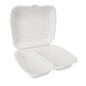 JJ 9"x8" White Bagasse 2-Compartment Meal Box (230x200x72mm) 1x200