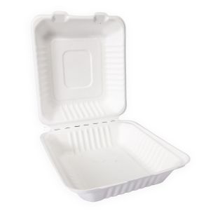 JJ 8" Square White Bagasse Meal Box (220x200x77mm) 1x200