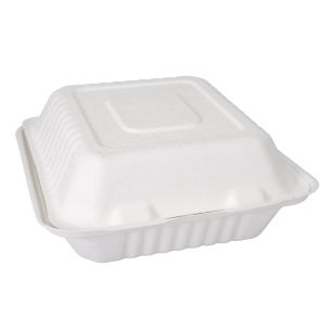 JJ 8" White Bagasse 3-Compartment Meal Box (220x200x77mm) 1x200