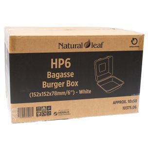 Natural Leaf 6" White Bagasse Burger Box (152x152x78mm/HP6) (10375.06) 1x500