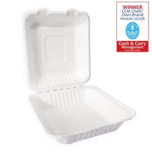 JJ 8" Square White Bagasse Meal Box 220x200x77mm 1x200