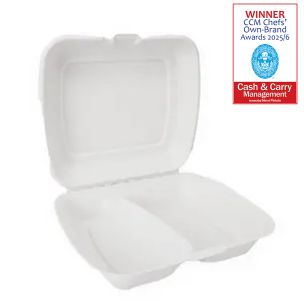 JJ 9"x8" White Bagasse 2-Compartment Meal Box 230x200x72mm 1x200