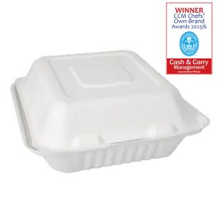 JJ 8" White Bagasse 3-Compartment Meal Box 220x200x77mm 1x200