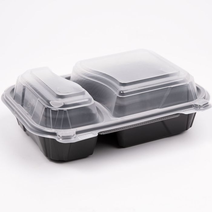 JJ 900ml Rectangular Microwave Black Two Compartment Containers with Lids 1x80