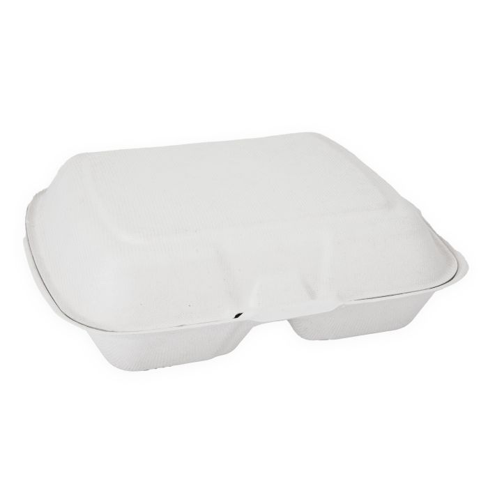 JJ 9"x8" White Bagasse 2-Compartment Meal Box (230x200x72mm) 1x200